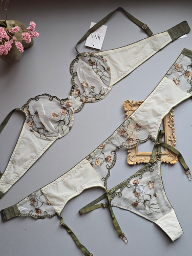 JINA Floral Embroidery Three‑Piece Lace Women’s Lingerie Set