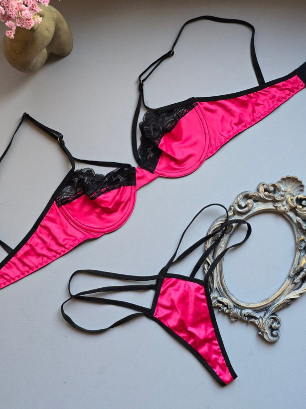 SHEIN Women’s Satin Lace Harness Lingerie Set pink