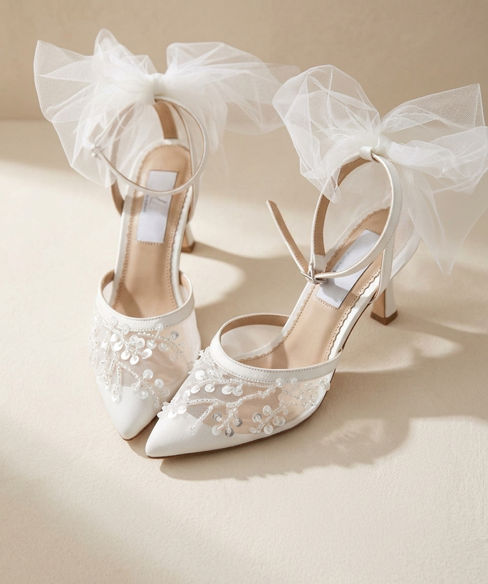 Women’s Bridal Heels 5cm – Lace & Mesh Embellished with Tulle Bow