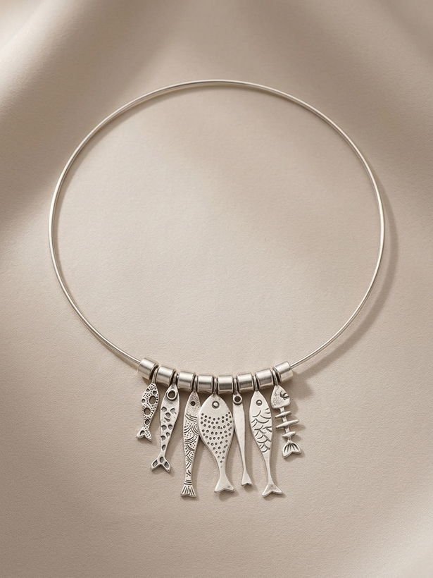 Handmade 925 Sterling Silver Fish Charms Necklace – 7 Fish Pendants with 8 Silver Beads