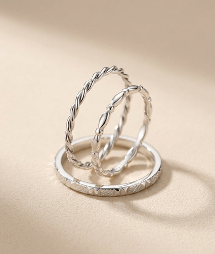 Handmade 925 Sterling Silver Minimal Rings Set – Rope, Spring & Dotted Design (Unplated)