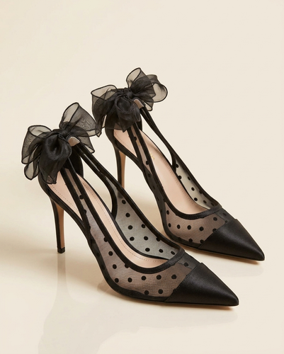 Women’s Black Mesh Dress Heels with Bow – 9 cm Heel