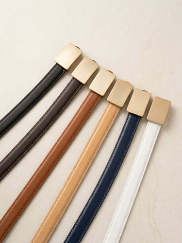 Women’s Slim Belt with Matte Gold Square Buckle – 2 cm Width, 110 cm Length