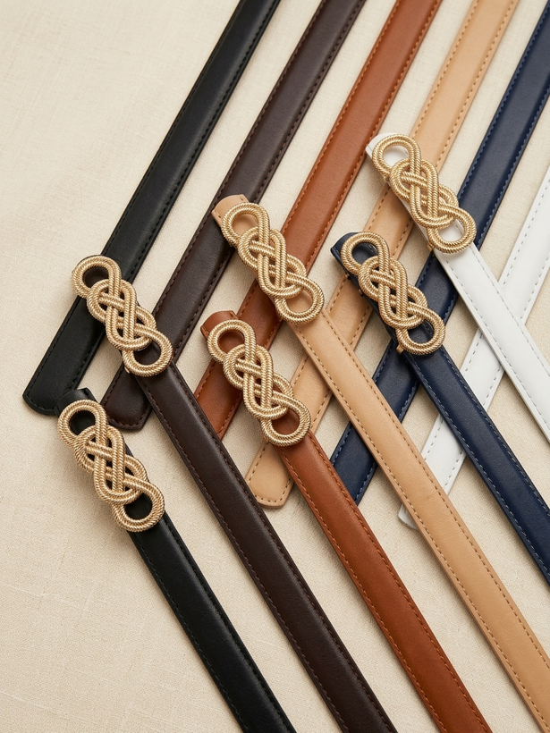 Women’s Slim Belt with Matte Gold Knot Buckle – 2 cm Width, 110 cm Length