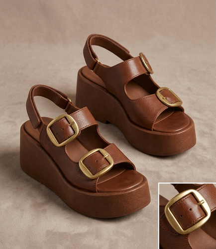 Women’s Platform Wedge Sandals with Dual Gold Buckles – Lightweight & Stylish