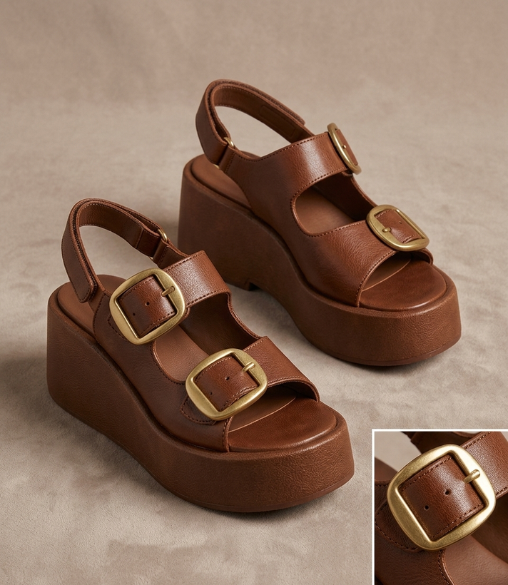 Women’s Platform Wedge Sandals with Dual Gold Buckles – Lightweight & Stylish