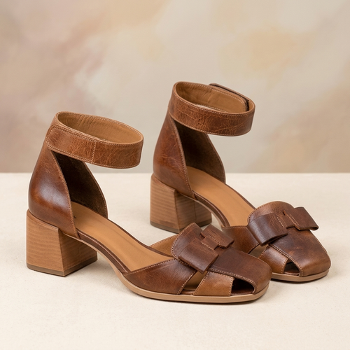 Women’s Block Heel Sandals – 5 cm Heel, Ankle Strap Design, Black & Camel