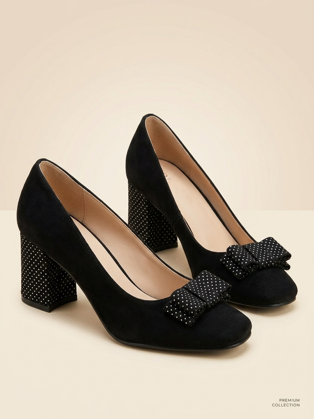 Women’s Black Block Heel Shoes with Rhinestone