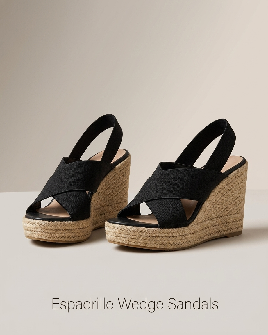 Women’s Wedge Espadrille Sandals – 8cm Heel, Stretch Straps & PU Sole (Black / Cream)