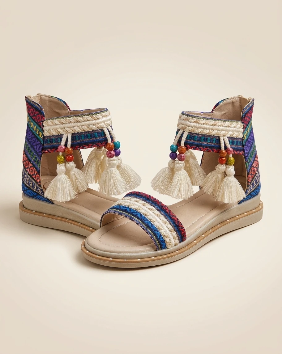 Women’s Handmade Ethnic Sandals with Tassels & Beads – Double-Layer PU Sole