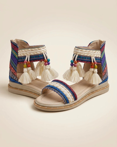 Women’s Handmade Ethnic Sandals with Tassels & Beads – Double-Layer PU Sole