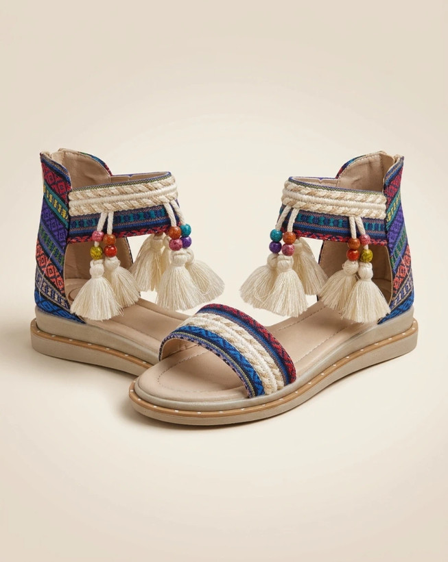 Women’s Handmade Ethnic Sandals with Tassels & Beads – Double-Layer PU Sole