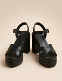 Women’s Double Platform Cross-Strap Heels – 12cm Block Heel, 6cm Step Sole (Black)