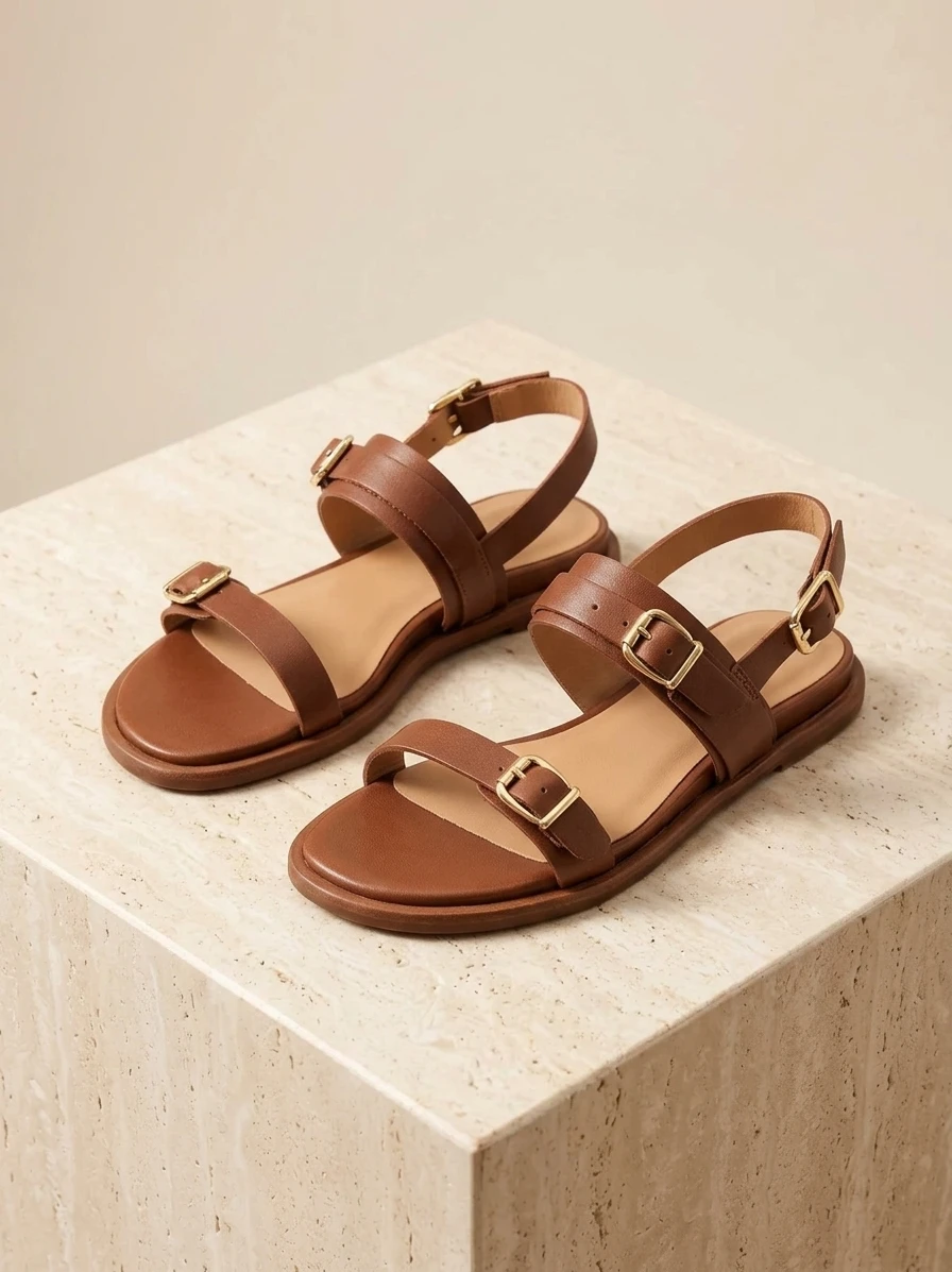 Women’s Double-Buckle Sandals with Back Strap – PU Sole