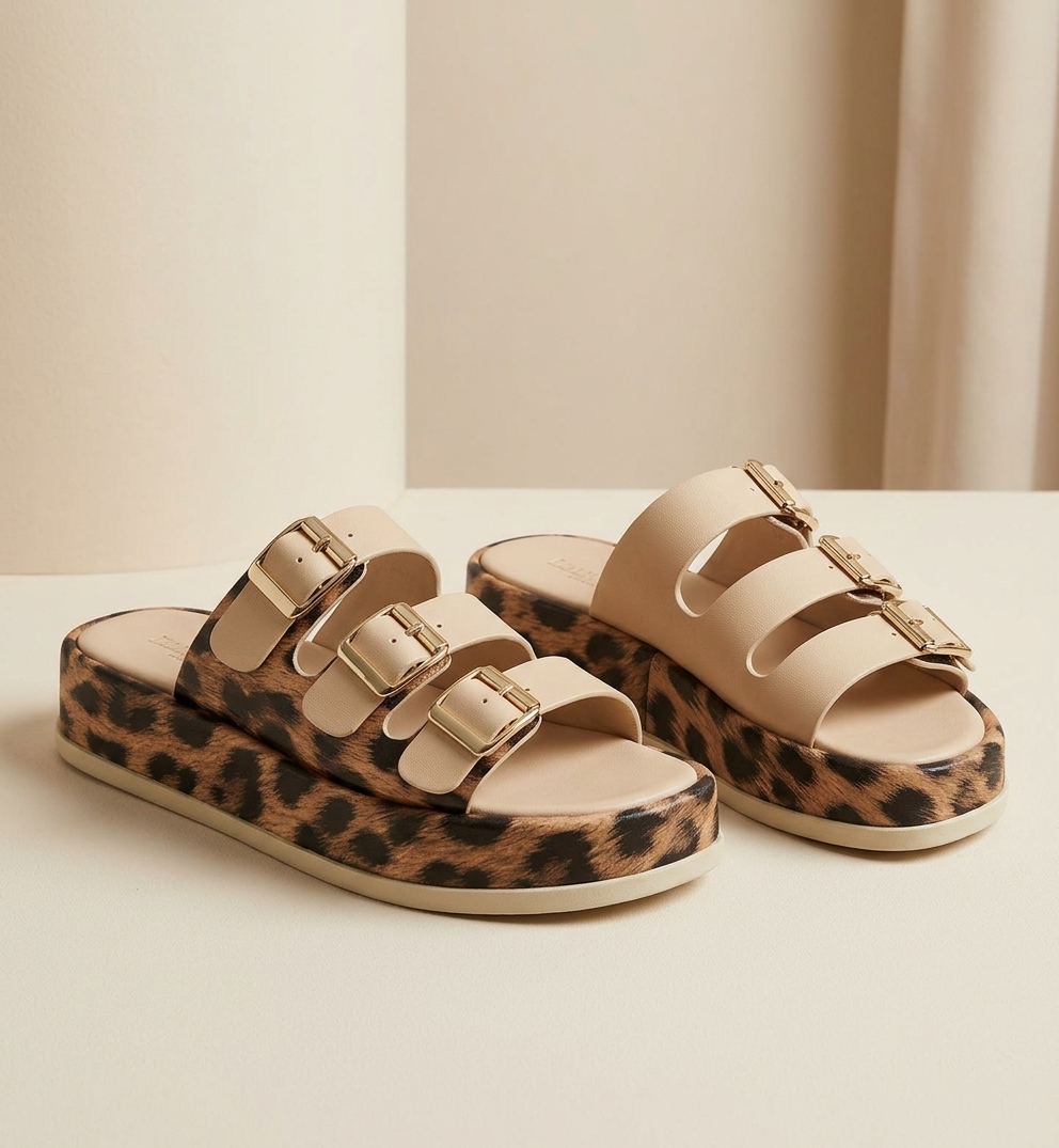 Women’s Leopard Print Platform Sandals – Comfortable 3-Strap Buckle Design