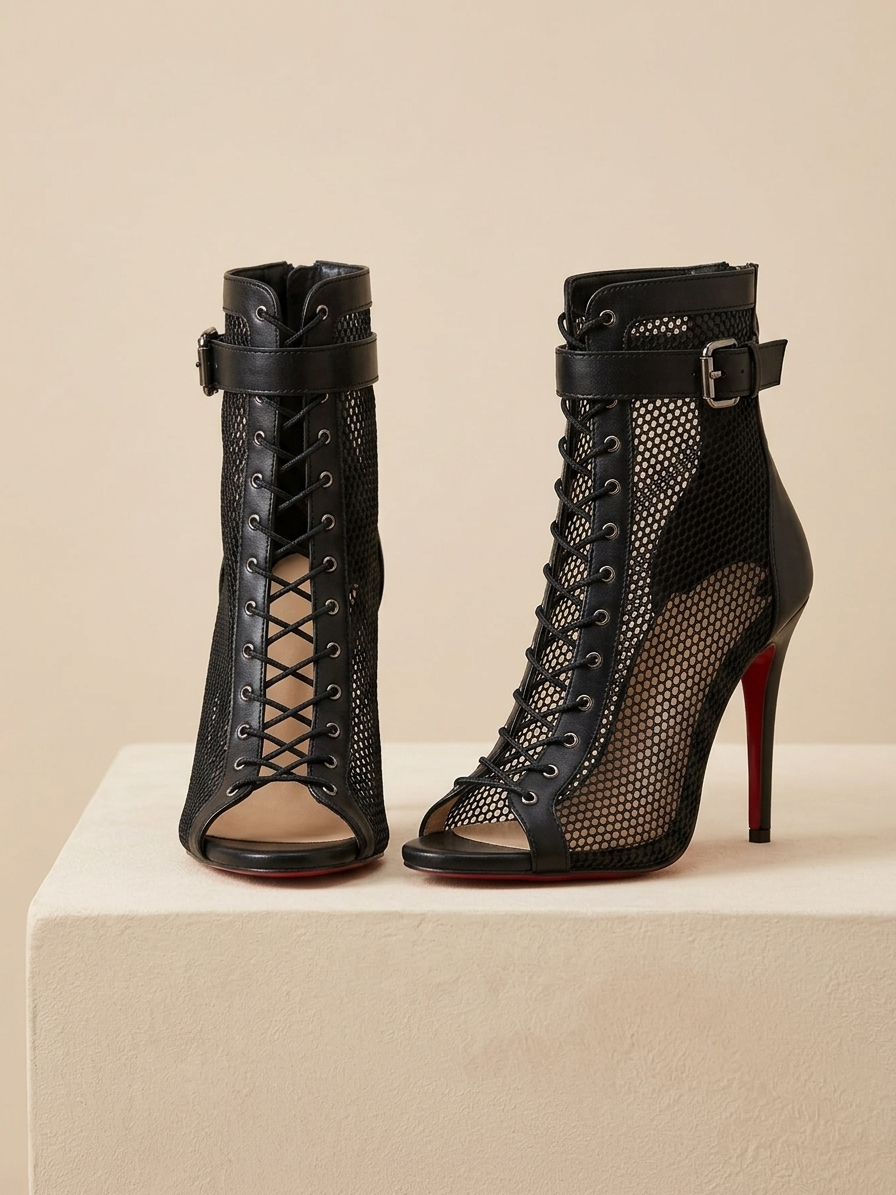 Women’s Mesh Lace-Up Peep-Toe Stiletto Boots – 9cm Elegant Party Heels