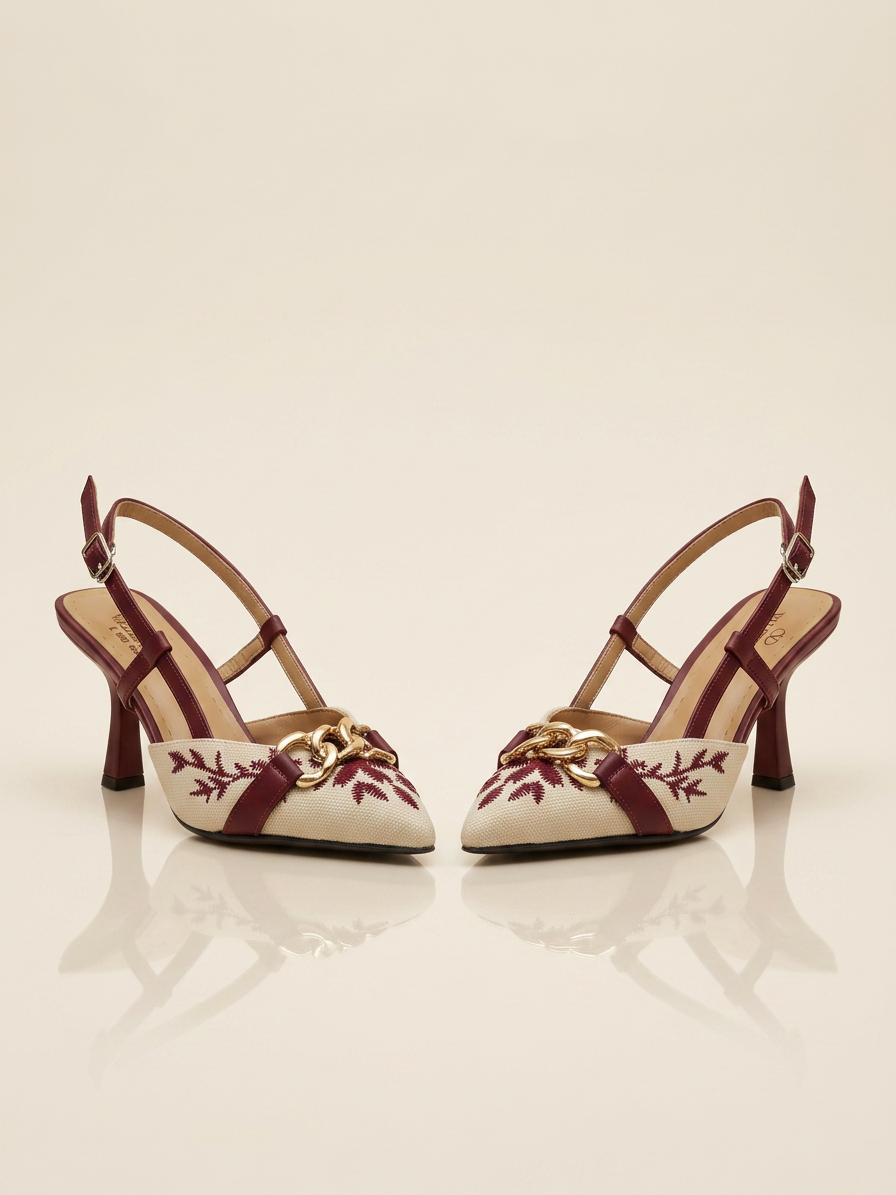 Women’s Embroidered Canvas Sandals with 7cm Heel and Gold Chain Accent