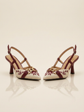 Women’s Embroidered Canvas Sandals with 7cm Heel and Gold Chain Accent