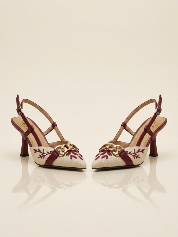 Women’s Embroidered Canvas Sandals with 7cm Heel and Gold Chain Accent