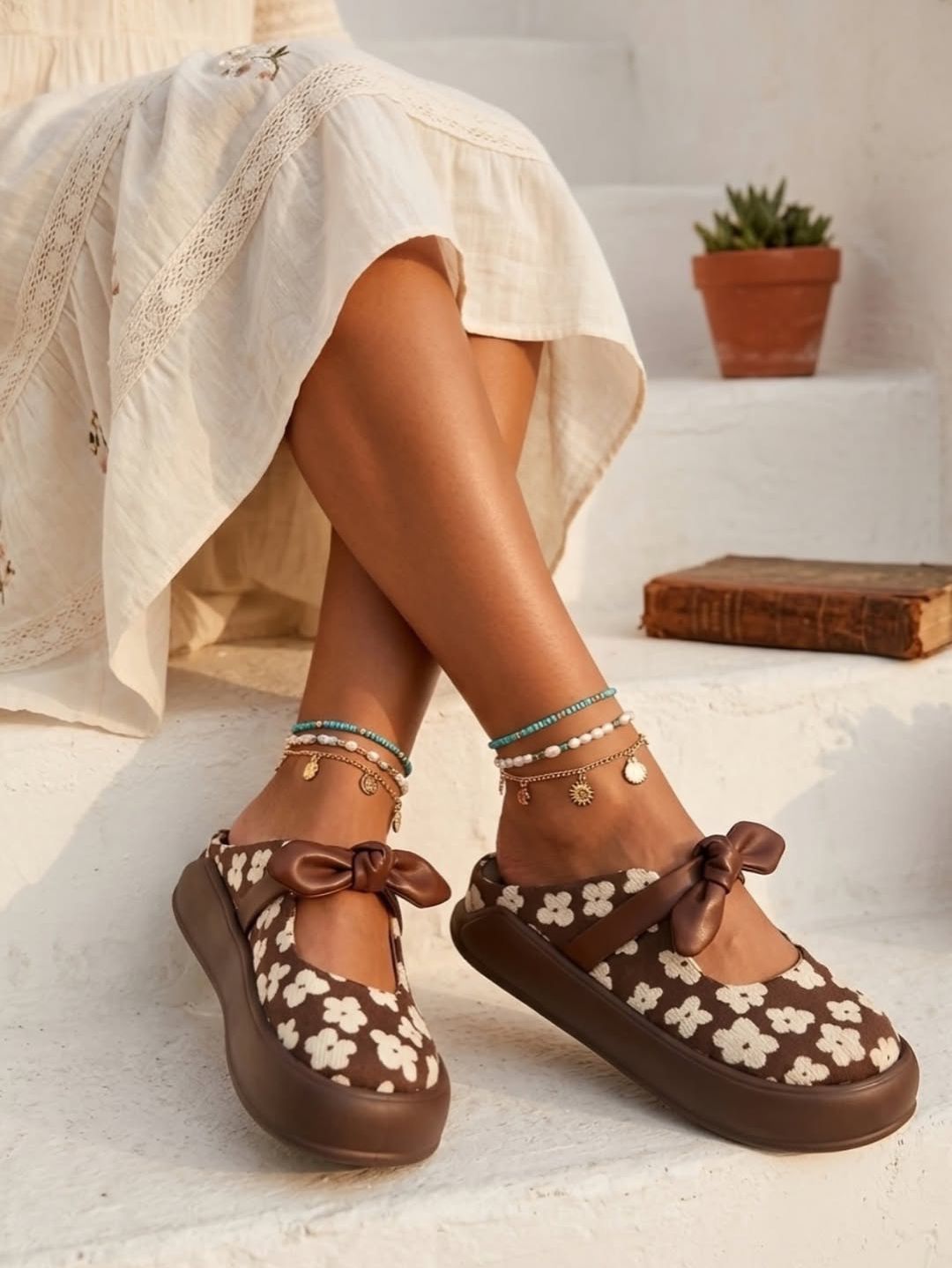 Floral Platform Mule Slippers - Turkish Material (High Quality)