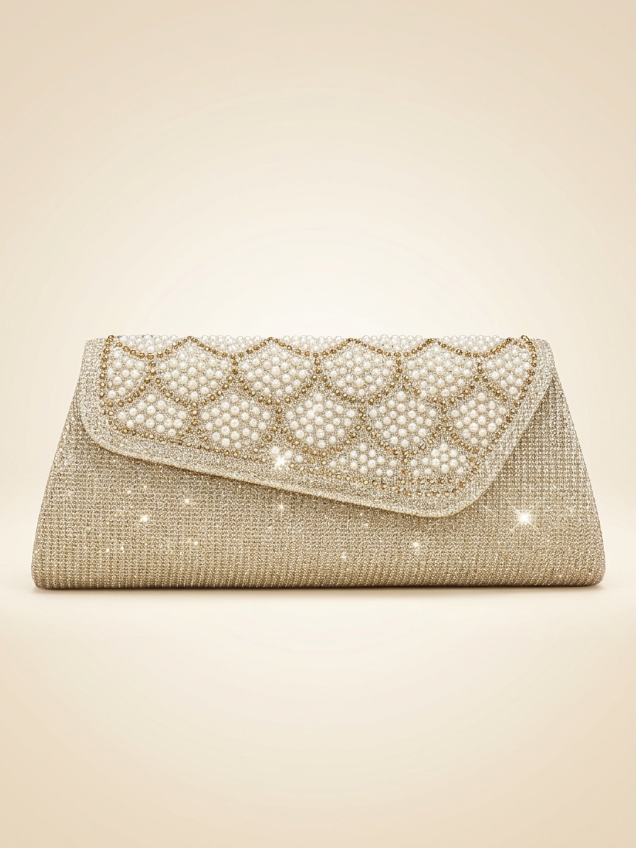 Pearl & Shimmer Evening Clutch Bag - Chain Shoulder Strap