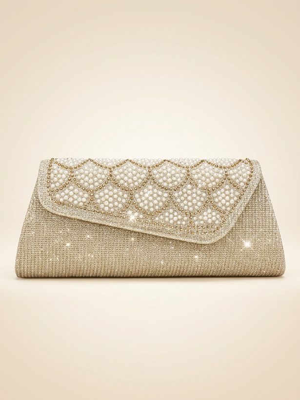 Pearl & Shimmer Evening Clutch Bag - Chain Shoulder Strap