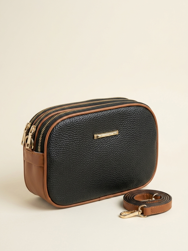Black and Tan Triple-Zip Shoulder Bag