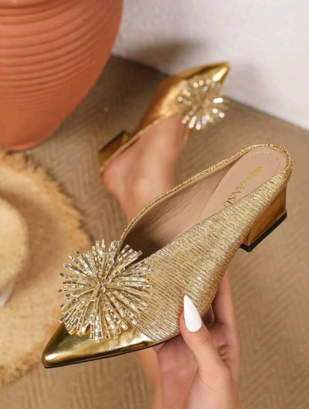 Women’s Pointed-Toe Crystal Sunburst Mule Sandals – Code 83
