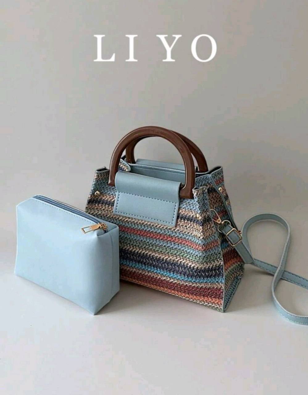 LIYO Woven Straw Handbag with Wooden Handle & Cosmetic Pouch | Code 39