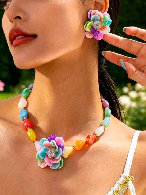سرویس زیورآلات رزینی طرح گل فلورا مدل Flora کد 28