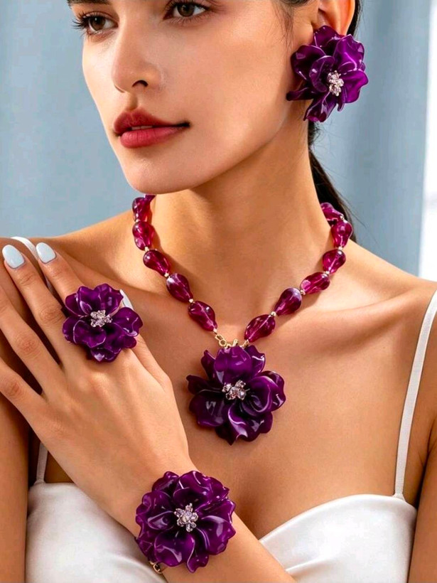 سرویس زیورآلات رزینی طرح گل فلورا مدل Flora کد 28
