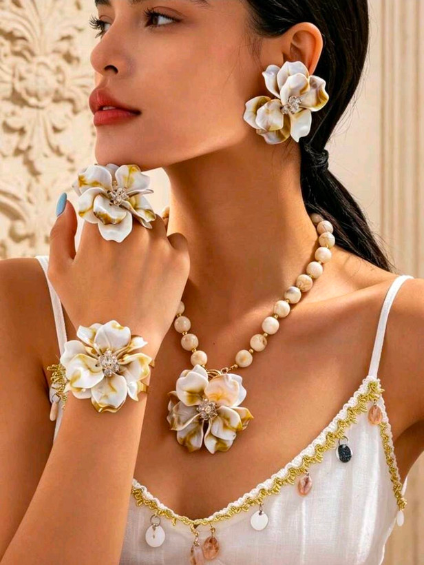 سرویس زیورآلات رزینی طرح گل فلورا مدل Flora کد 28
