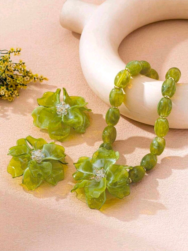 سرویس زیورآلات رزینی طرح گل فلورا مدل Flora کد 28
