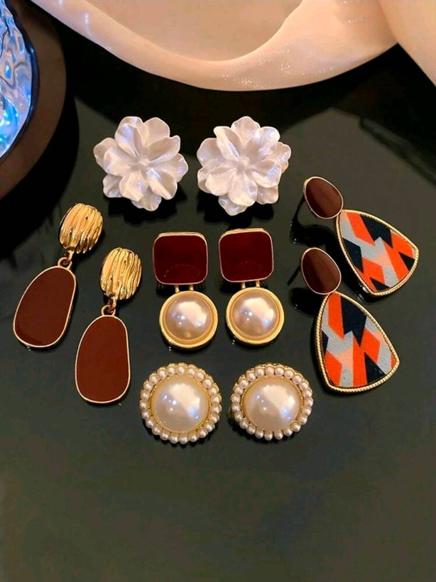 پک ۵ عددی گوشواره زنانه وینتیج لوکس مرواریدی و میناکاری کد ۱۷